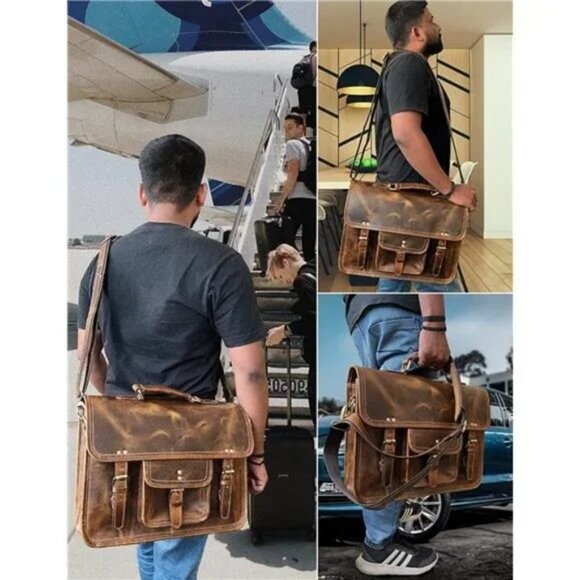 Leather Messenger Bag for Men - Top Grain Leather Briefcase Laptop Satchel Offic - Picture 6 of 6
